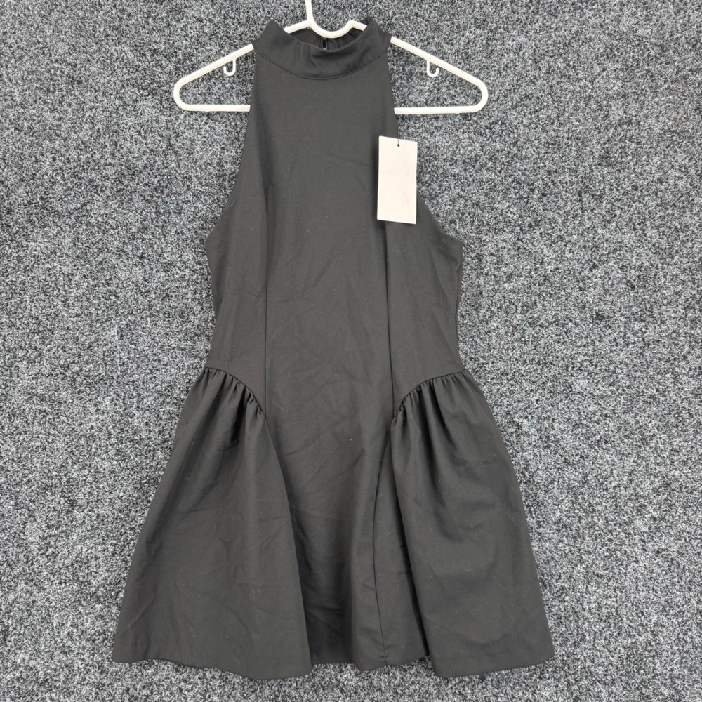 Zara Black Halter Neck Mini Dress High Neck Flare Skirt 3067/255/800 NWT Size M